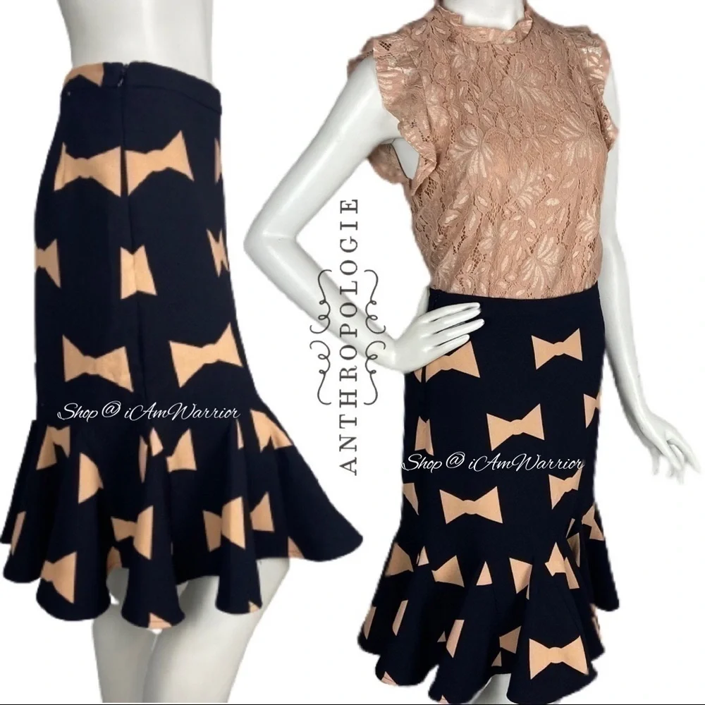 Anthropologie {Eva Franco} navy & blush pink bow tie print flounce skirt